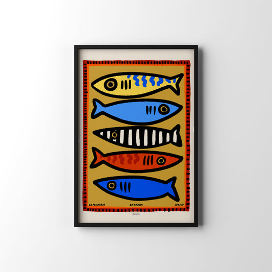 Framed artwork with colorful fish illustrations on a beige background,Hand-illustrated Sicily fish market print. Capture the charm and energy of Catania in your home with this travel-inspired art.