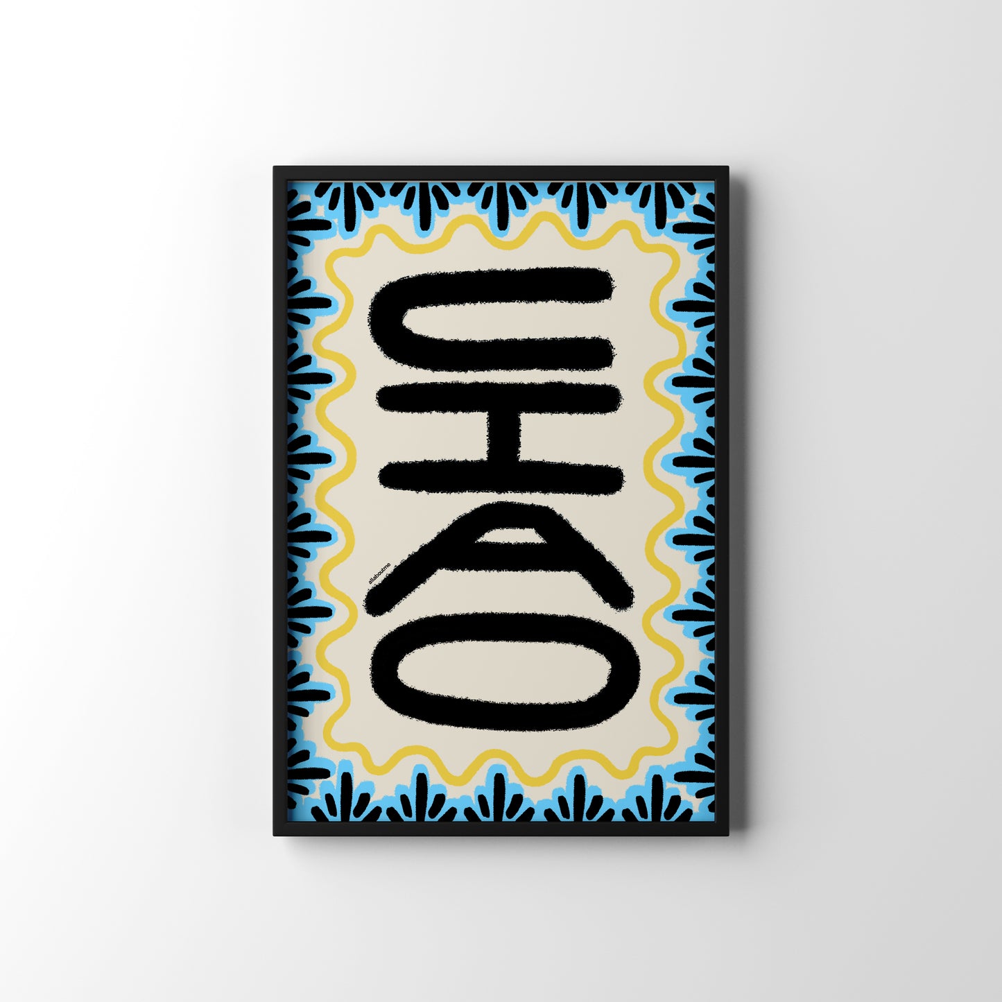 Framed artwork with black text on a blue and yellow patterned background