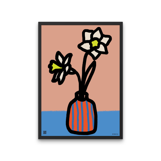 Charming Narcissus birth flower print for December birthdays. Includes a poetic tribute to hope, renewal, and winter beauty. Framed artwork of a vase with flowers on a pink and blue background