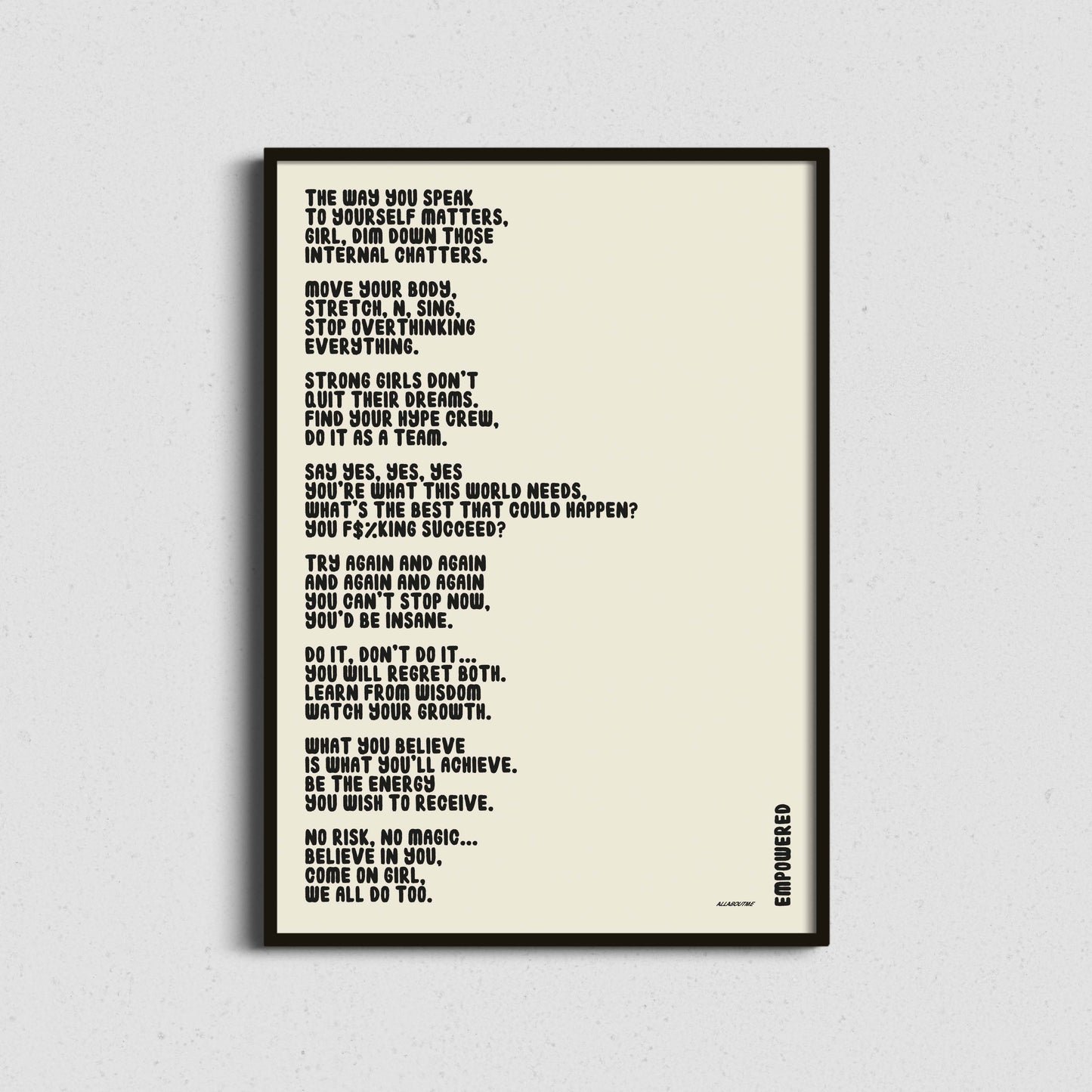 Framed motivational quote   Typography-based art print featuring an empowering poem about strength and mindset in black frame