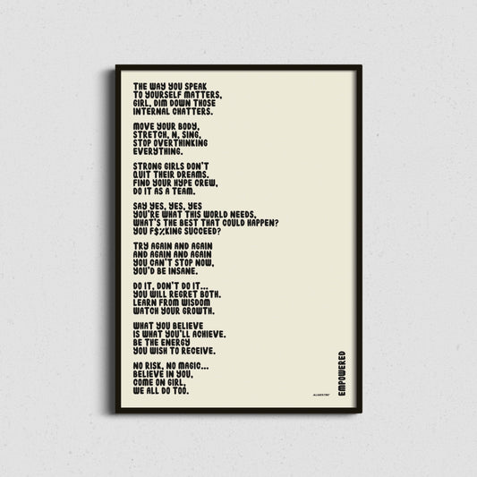 Framed motivational quote   Typography-based art print featuring an empowering poem about strength and mindset in black frame