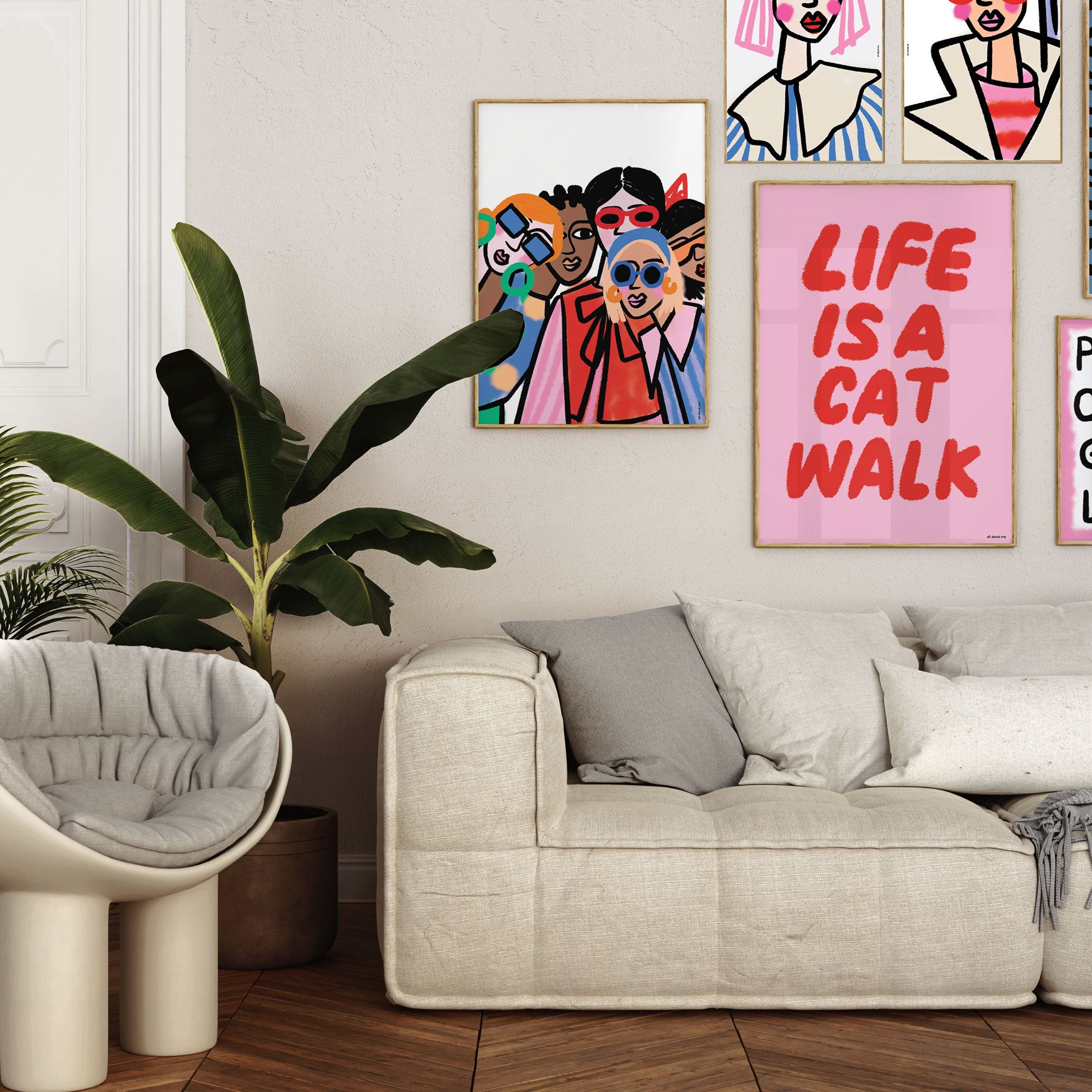 Life Is a Catwalk’ hand-lettered fashion wall art print with elegant slogan typography in living room
