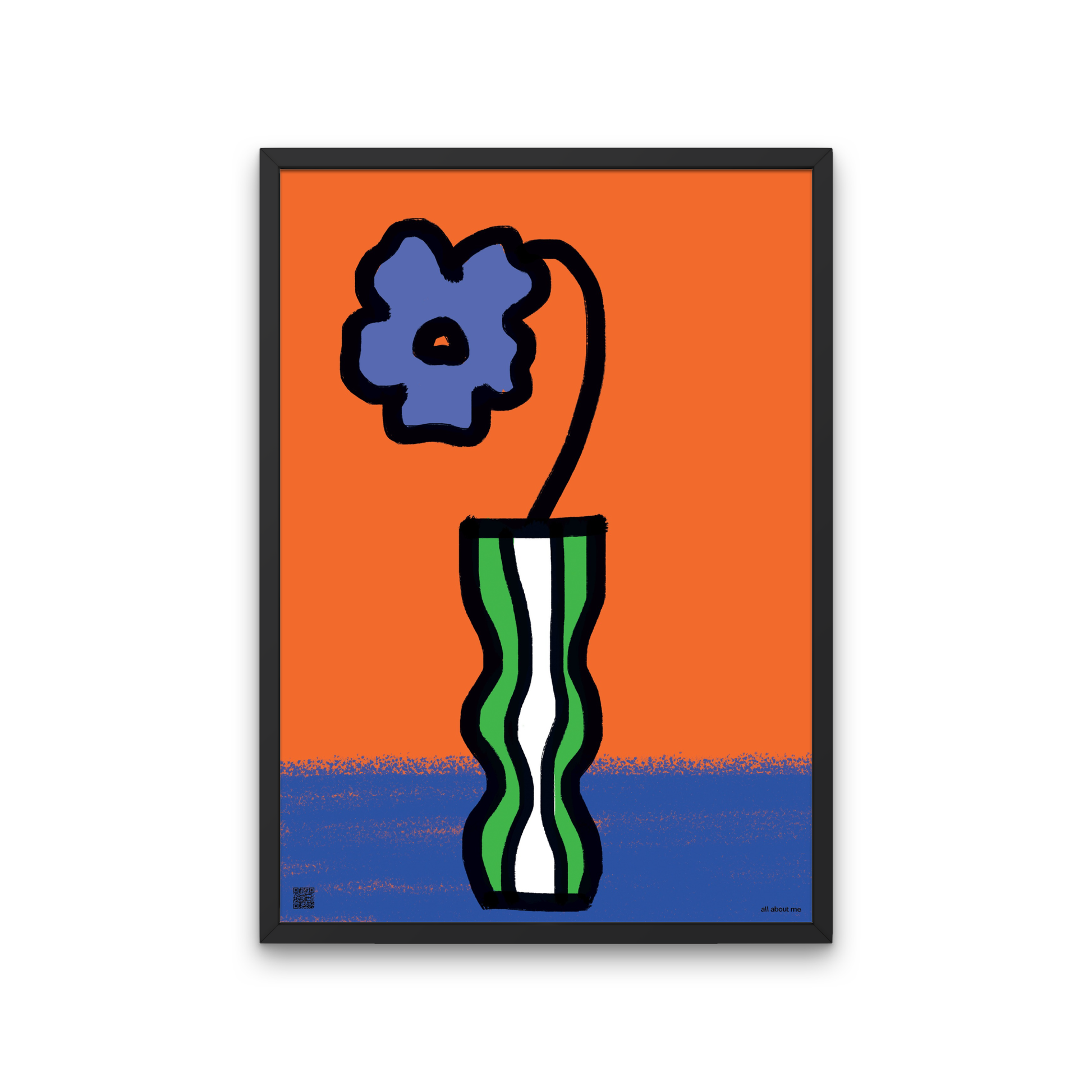 Framed artwork of a blue flower in a green vase on an orange and blue background