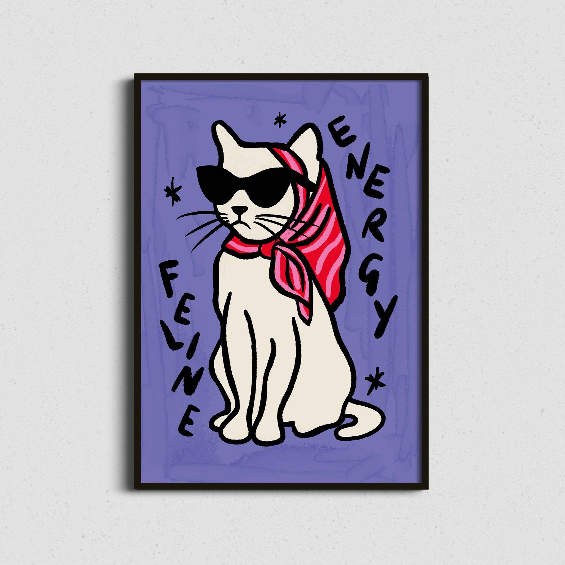 Framed artwork of a cat wearing sunglasses and a red scarf with 'Feline Energy' text on a purple background.