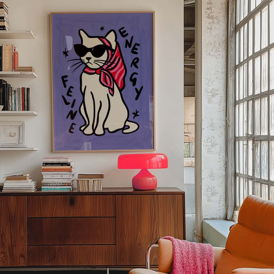 Modern living room with a cat-themed poster, wooden cabinet, and orange sofa.