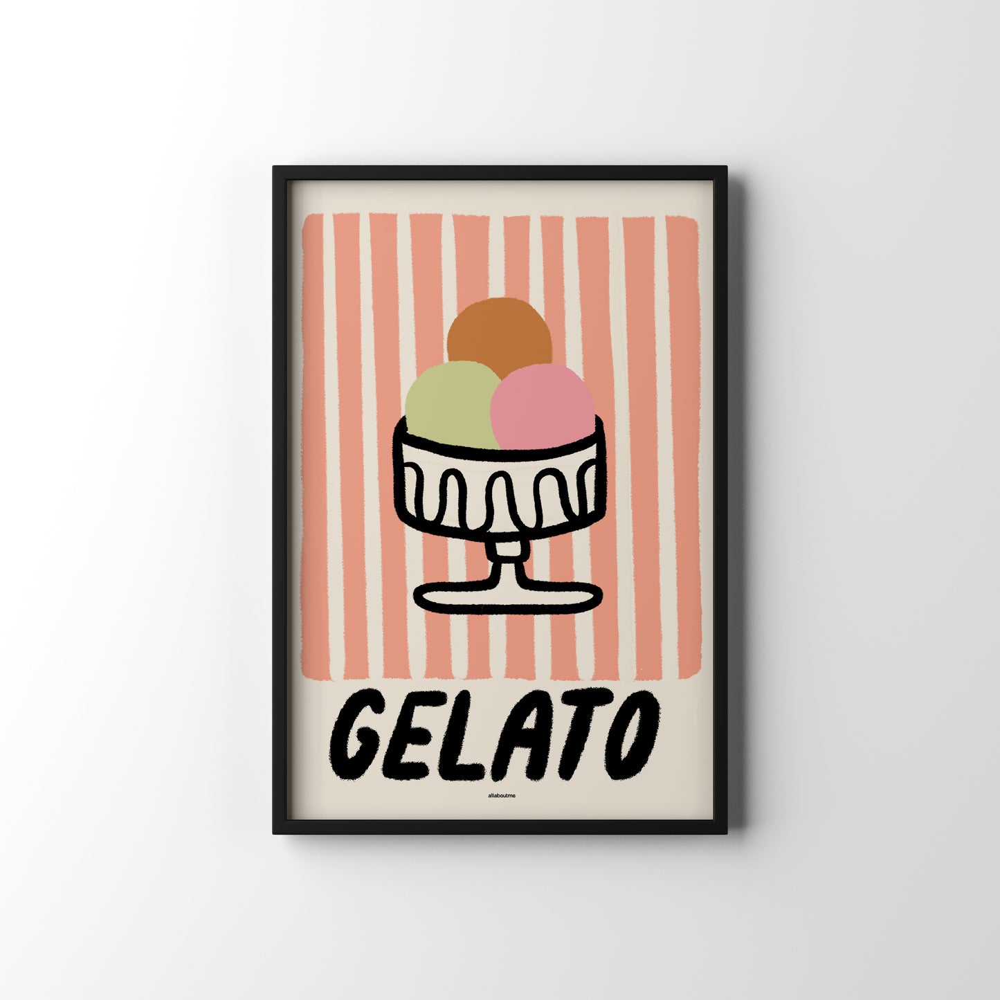 Framed poster with a illustration of gelato and 'GELATO' text on a striped background.