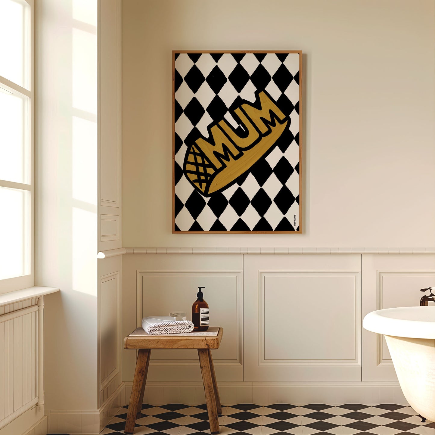 Bathroom interior with a checkered 'MUM' artwork on the wall.