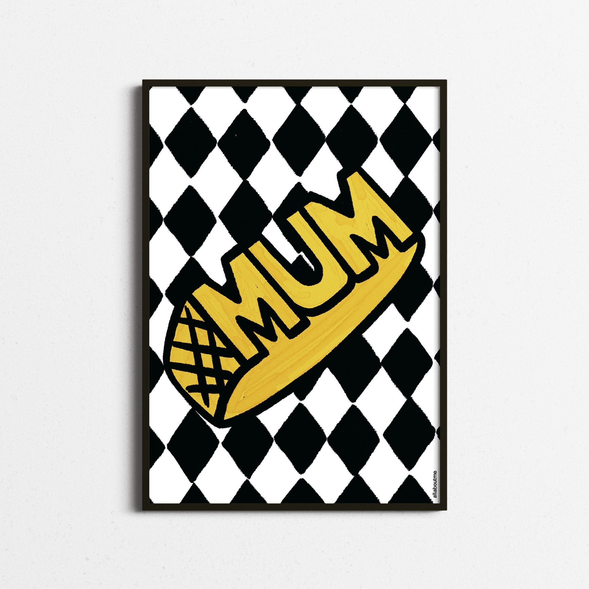 Checkered pattern with 'MUM' text in yellow on a white background