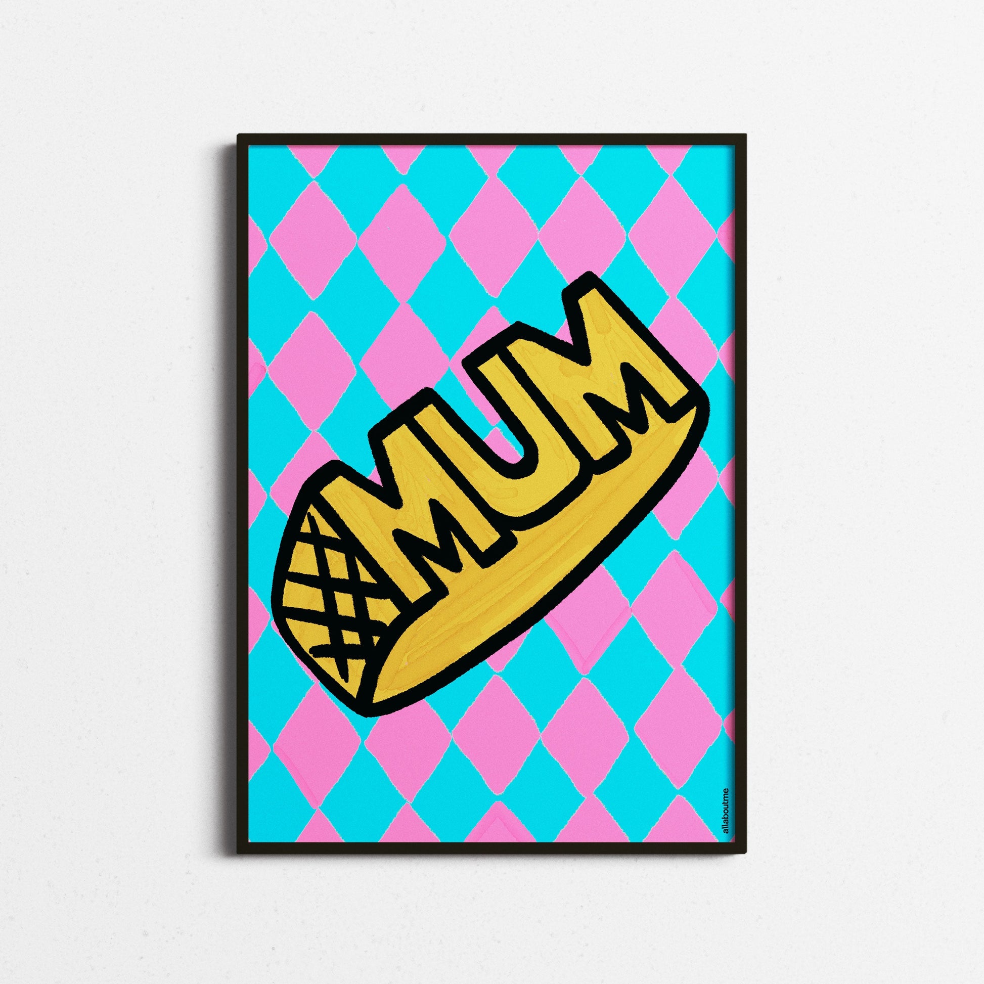  Stylish gold Mum ring print with pink and blue diamond background, framed in black – a bold tribute to empowered motherhood.