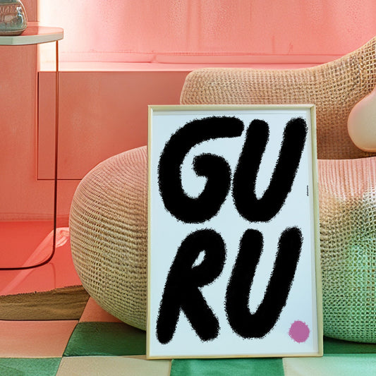 Framed artwork with 'GURU' text on a colorful floor.