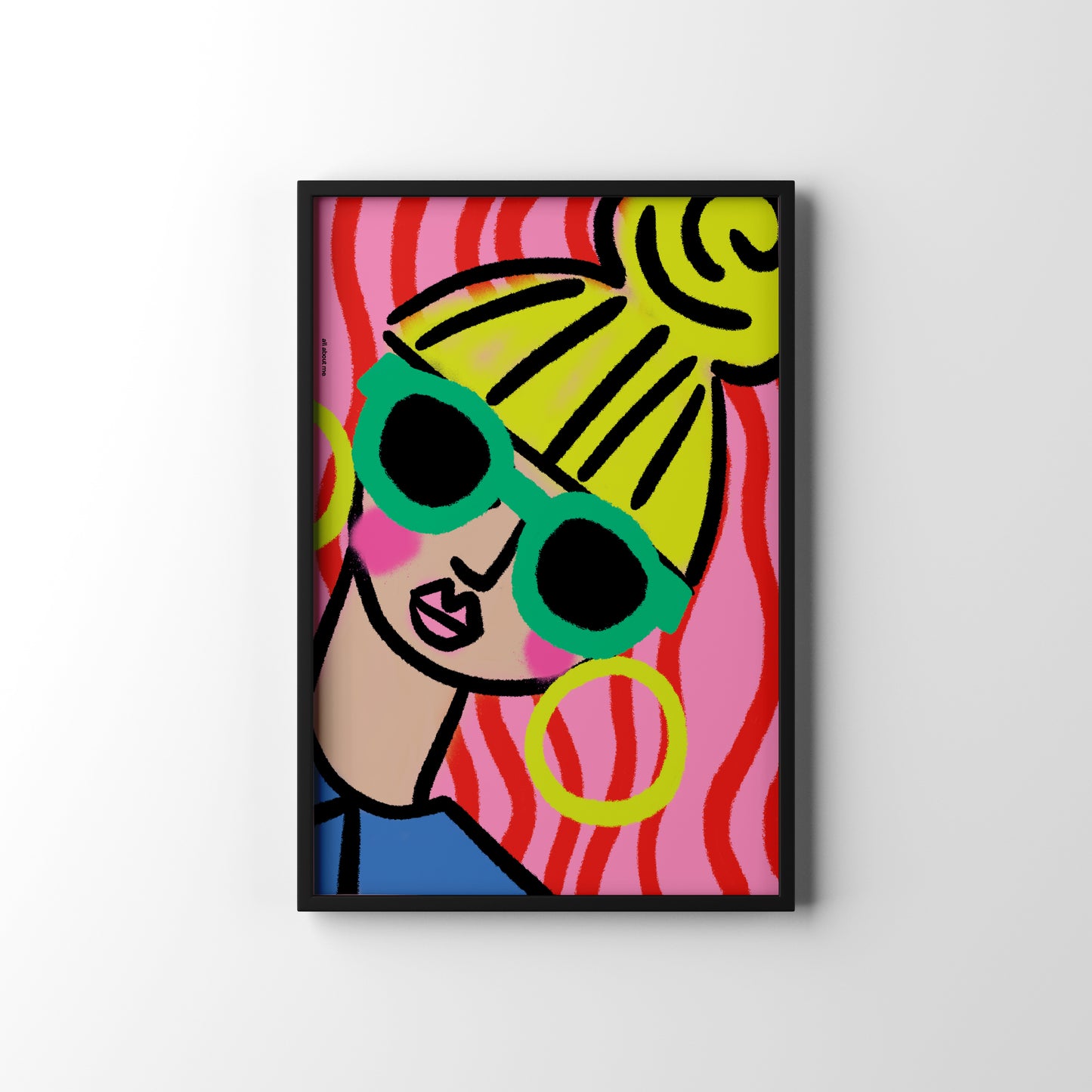 Framed colorful artwork of a stylized face with sunglasses and a yellow headband on a white background.