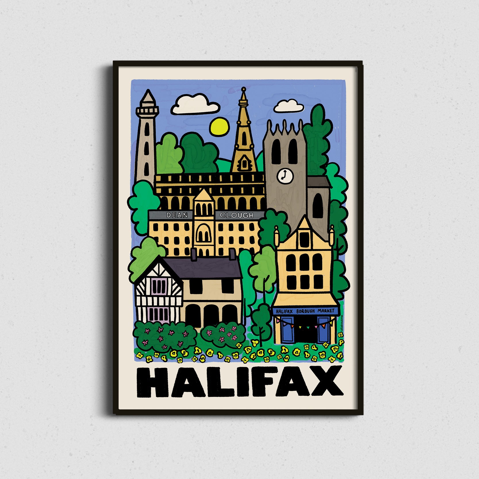 Framed artwork of a colorful illustration of Halifax with buildings and trees on a light gray background.