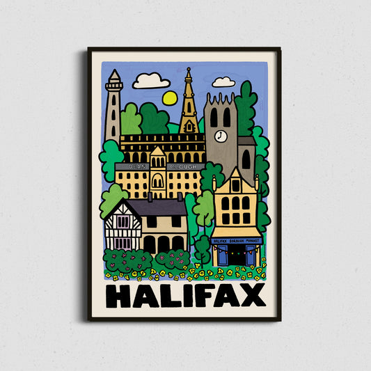 Framed artwork of a colorful illustration of Halifax with buildings and trees on a light gray background.