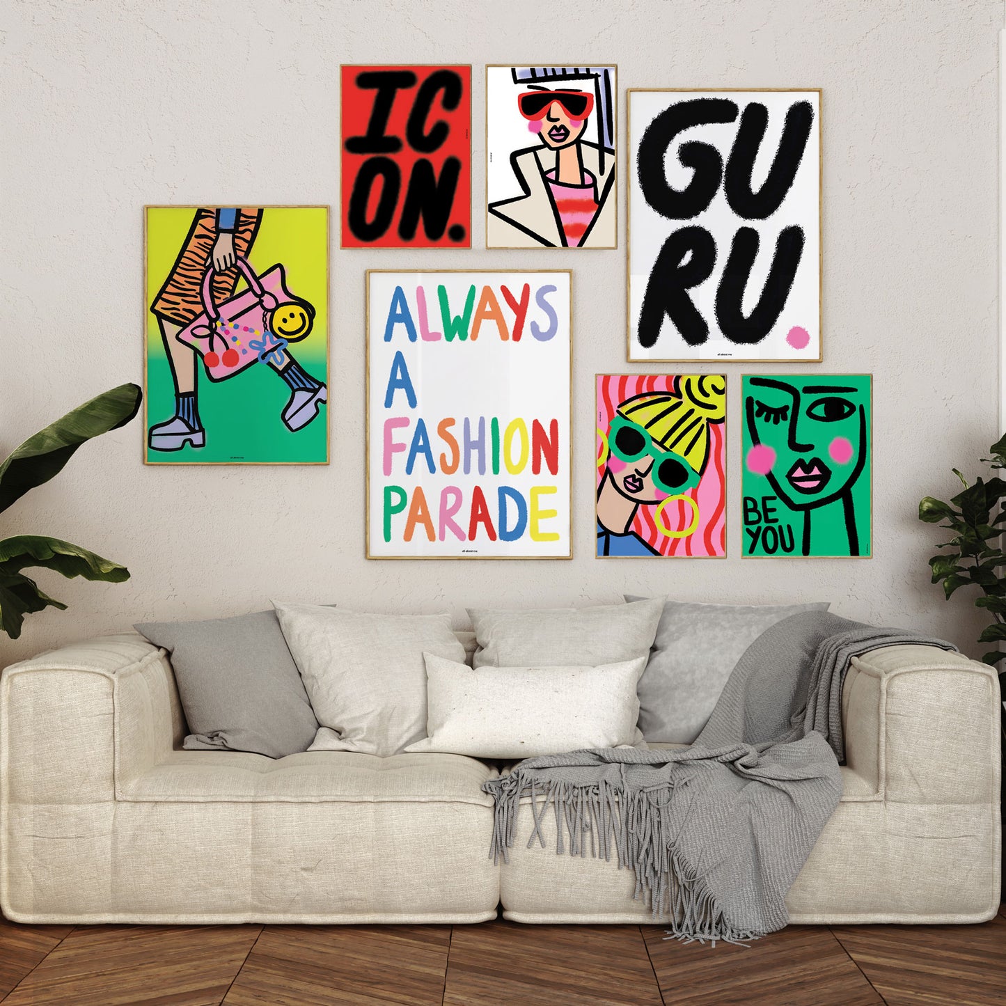 Colorful wall art above a sofa in a living room