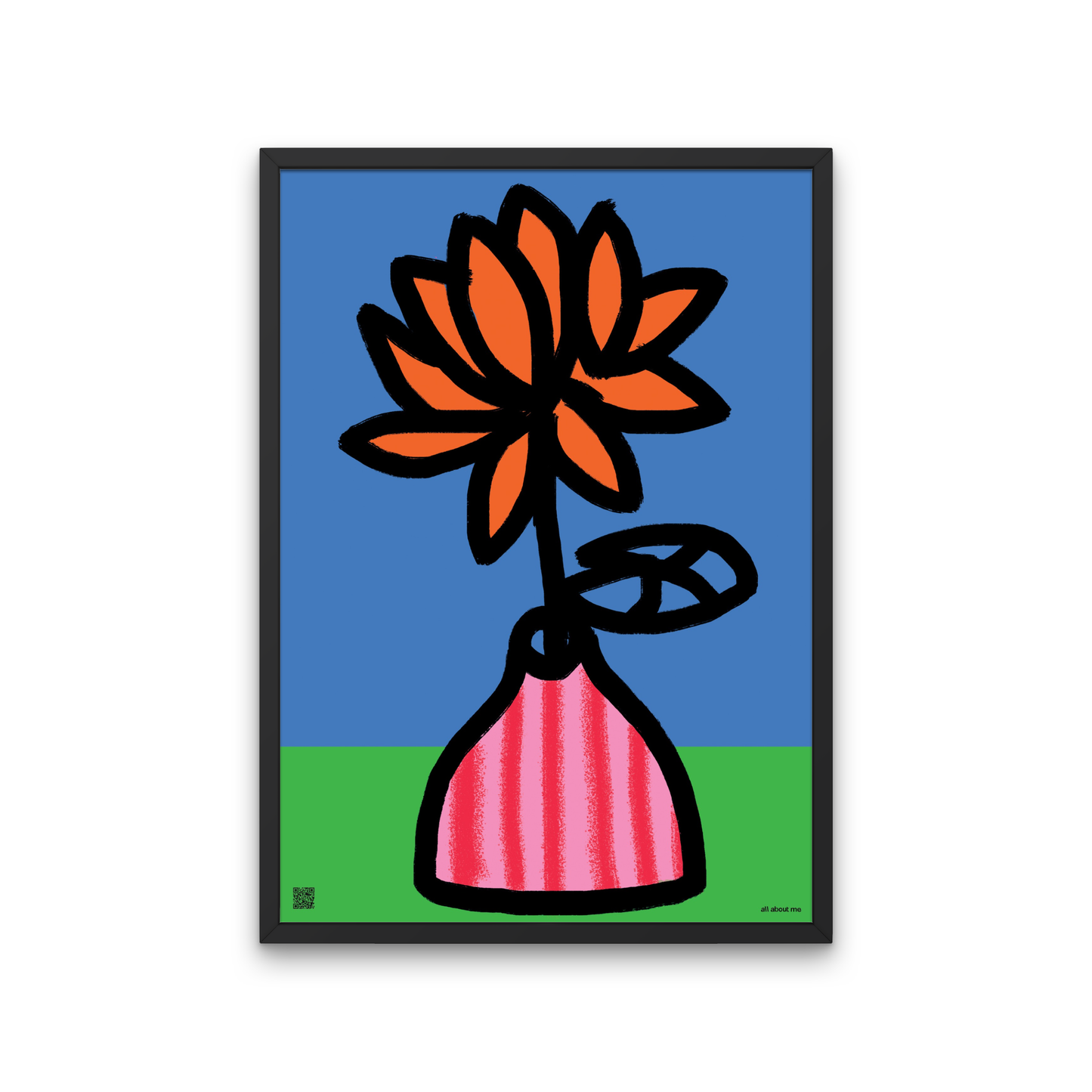 Serene Water Lily print for July birthdays. Comes with a calming audio poem reflecting peace, purity, and summer beauty.
Framed artwork of a stylized flower with an orange bloom, pink vase, and green base on a blue background.