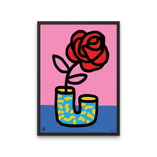 Romantic Rose birth flower print for June birthdays. Includes a beautiful poem celebrating love, elegance, and timeless beauty. Framed artwork of a red rose in a blue vase with yellow pattern on a pink and blue background.