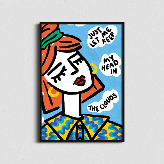 Colorful artwork of a stylized face with text on a blue background, framed on a light gray wall.