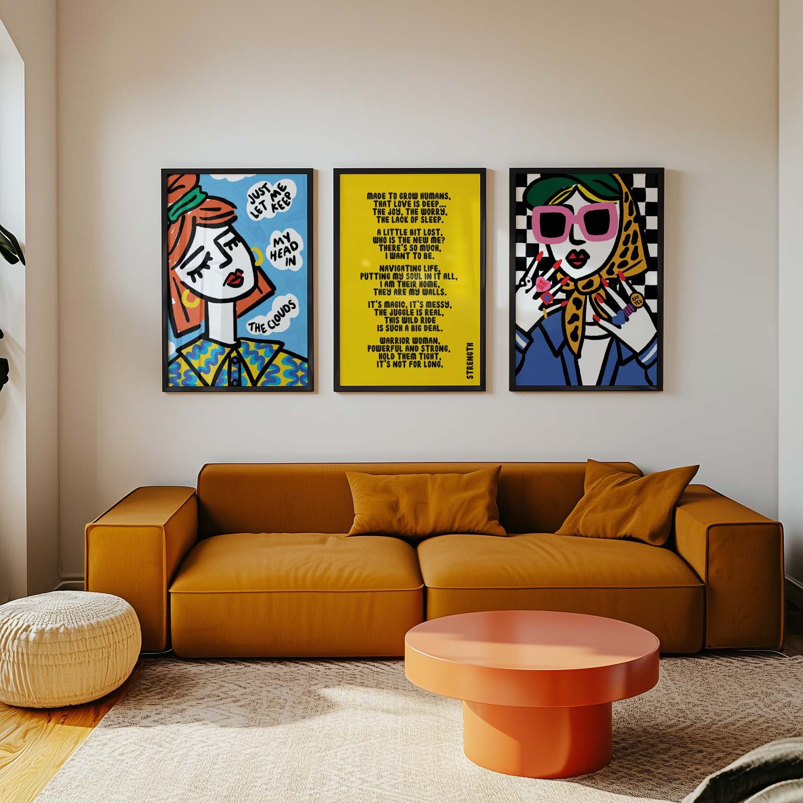  Soft, whimsical illustration inspired by dreaming, imagination and creativity.Living room with mustard yellow sofa, orange coffee table, and colorful wall art.