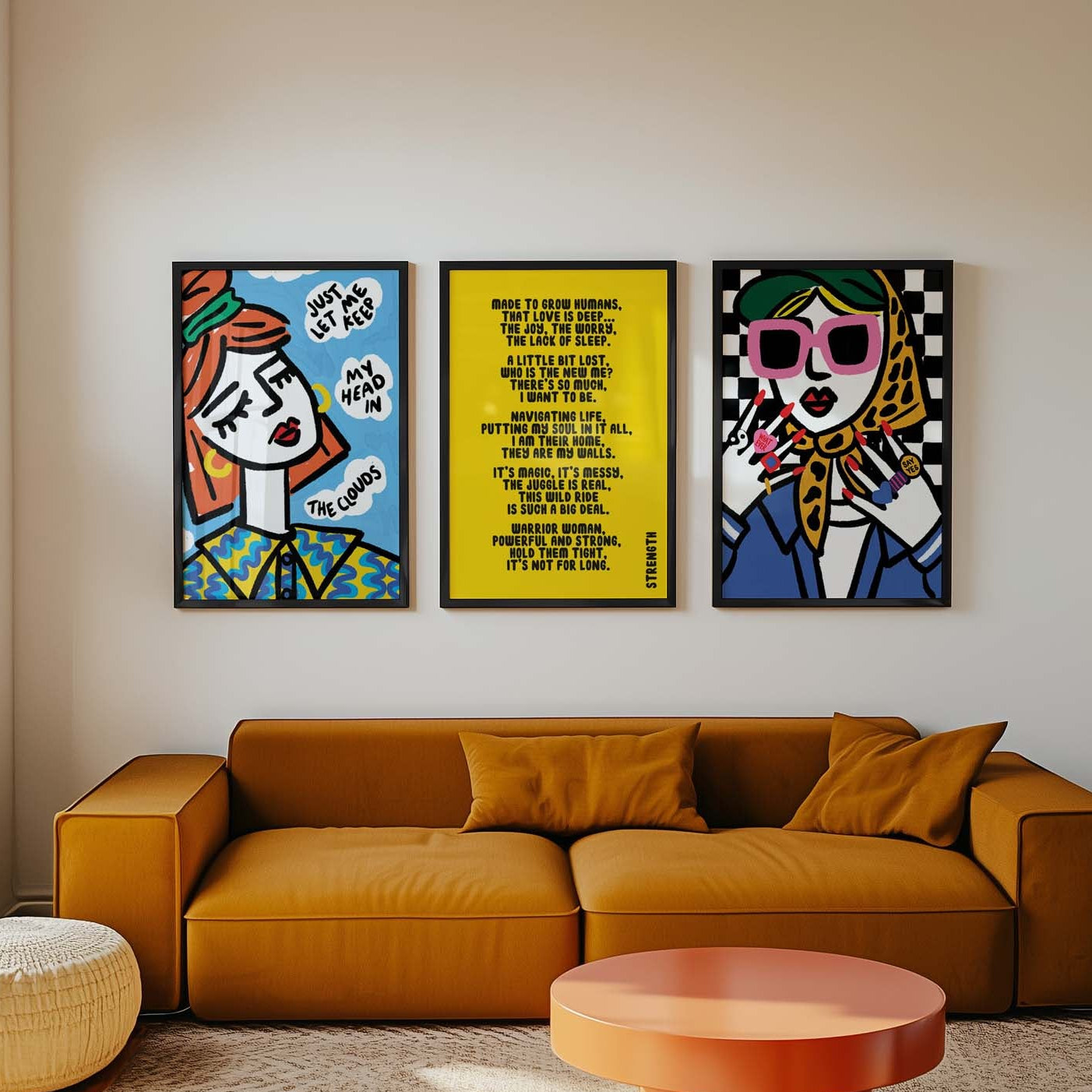 Living room with mustard yellow sofa, orange coffee table, and colorful wall art.