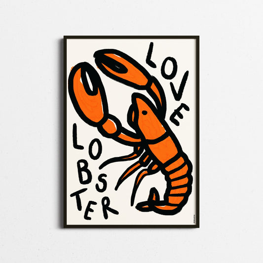 Framed artwork of a lobster with 'LOVE LOBSTER' text on a white background