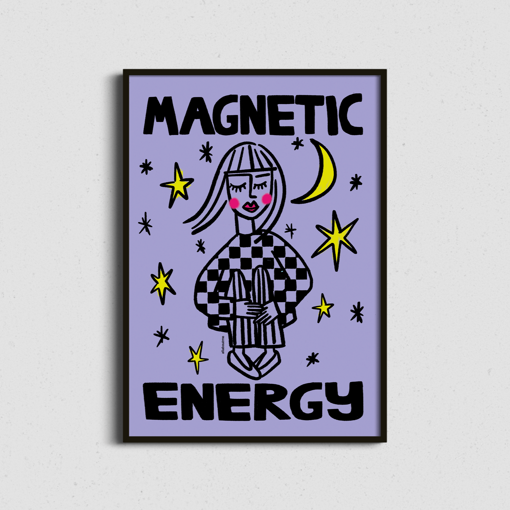 Framed artwork with a stylised illustration of a female celebrating female energy and confidence  and text 'Magnetic Energy' on a lilac background  – vibrant and bold, perfect for energising a room.