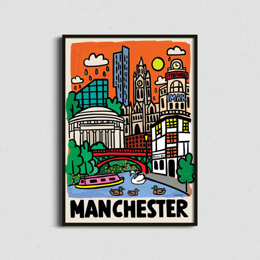 Colourful illustrated Manchester art print featuring Manchester Town Hall, Central Library, Sinclair's Oyster Bar, Printworks, Urbis, Beetham Tower and playful rain clouds.