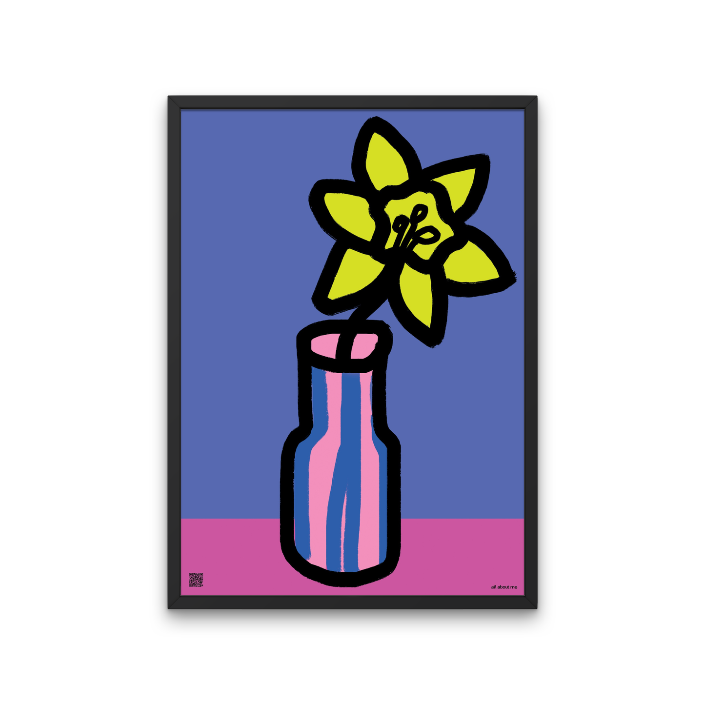Brighten March birthdays with a Daffodil birth flower print. Comes with an uplifting audio poem full of warmth and seasonal charm.
Framed artwork of a yellow flower in a pink vase against a blue background