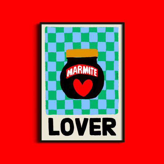 Hand drawn Marmite jar illustration with bold playful lettering reading Lover on Blue Green Checkerboard print