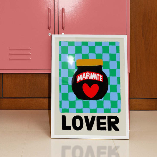 Framed artwork with Marmite jar design and 'LOVER' text in front of a pink locker.