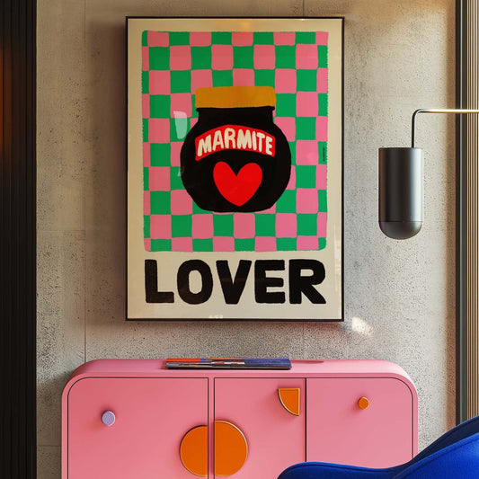 Hand drawn Marmite jar illustration with bold playful lettering reading Lover on Green Pink Checkerboard print