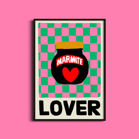 Framed artwork with Marmite jar and 'LOVER' text on a pink and green checkered background