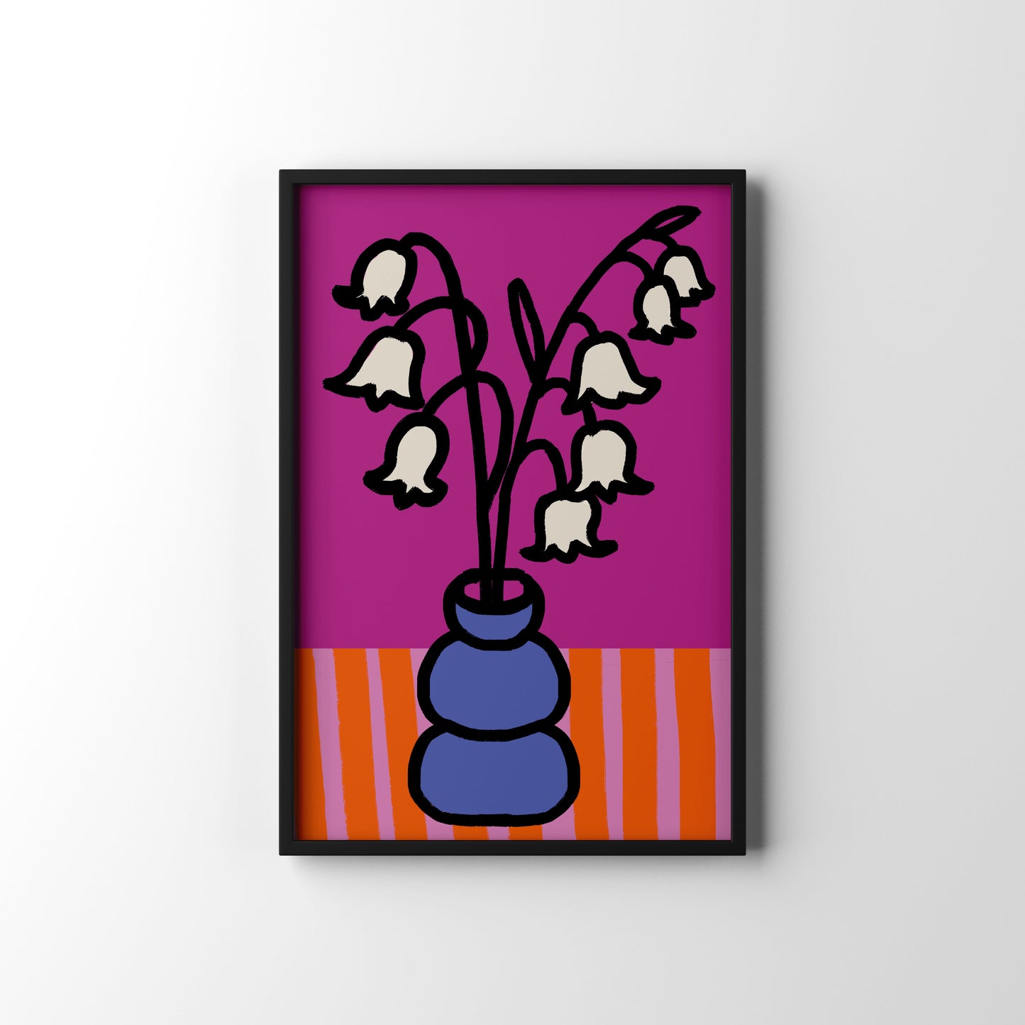 Graceful Lily of the Valley art print for May birthdays. A timeless botanical illustration symbolising sweetness and new beginnings. Framed artwork of a vase with white flowers on a pink background