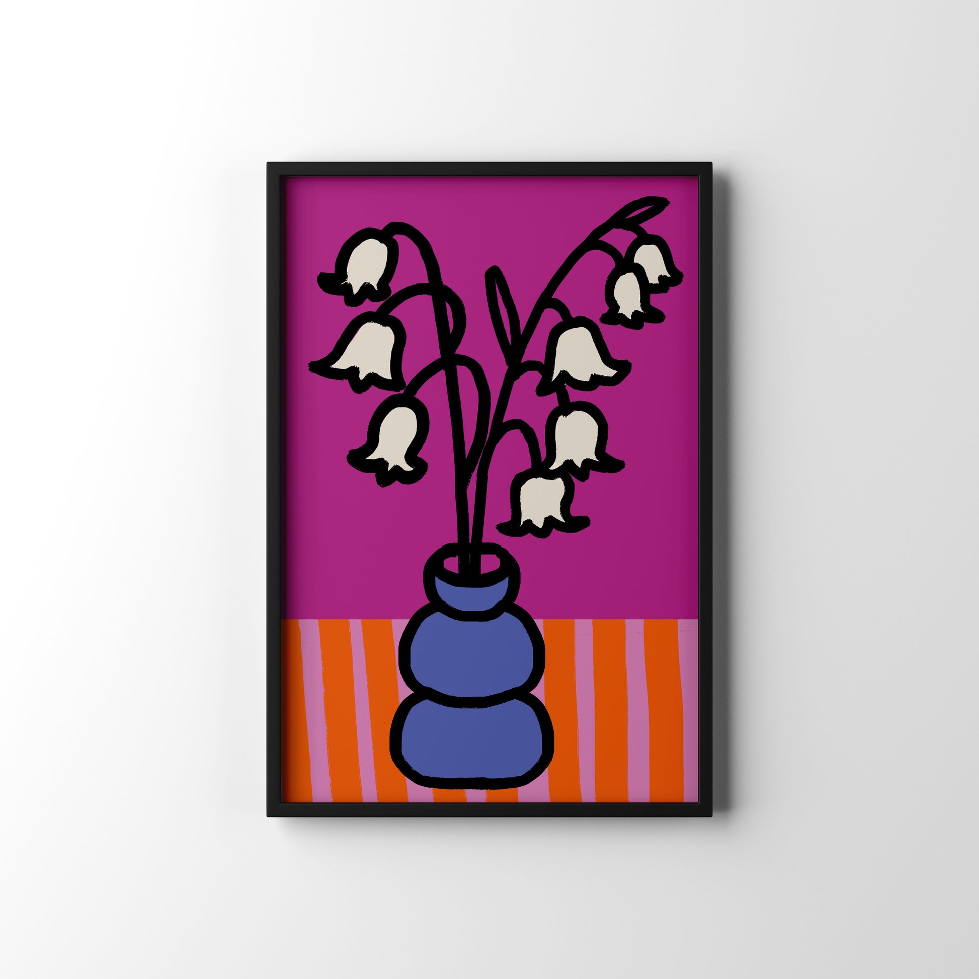 Graceful Lily of the Valley art print for May birthdays. A timeless botanical illustration symbolising sweetness and new beginnings. Framed artwork of a vase with white flowers on a pink background