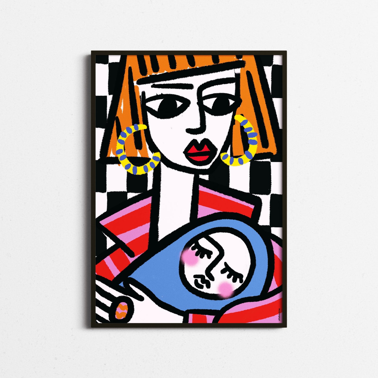  Empowered mum with bold orange hair holding baby, checkerboard backdrop, framed in black – celebrating motherhood with style. Abstract artwork with colorful design in frame.