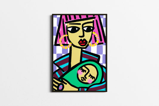 Colorful abstract painting of a mother with geometric patterns on a white background