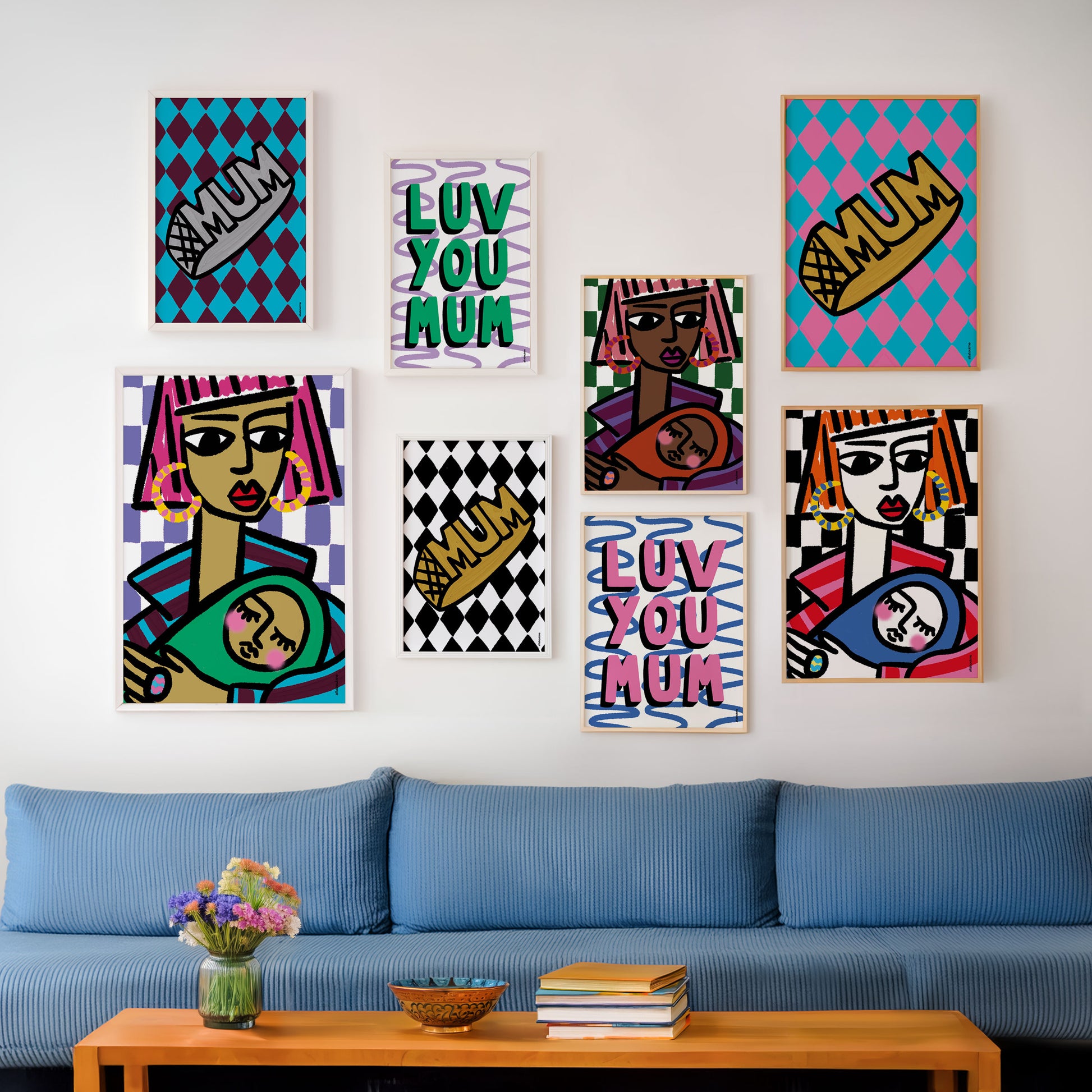 mothers day gallery wall of colourful art prints in living room