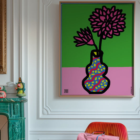 Colorful abstract painting of a vase with Chrysanthemum November birth flowers on a green and pink background above a chair with pink bags.