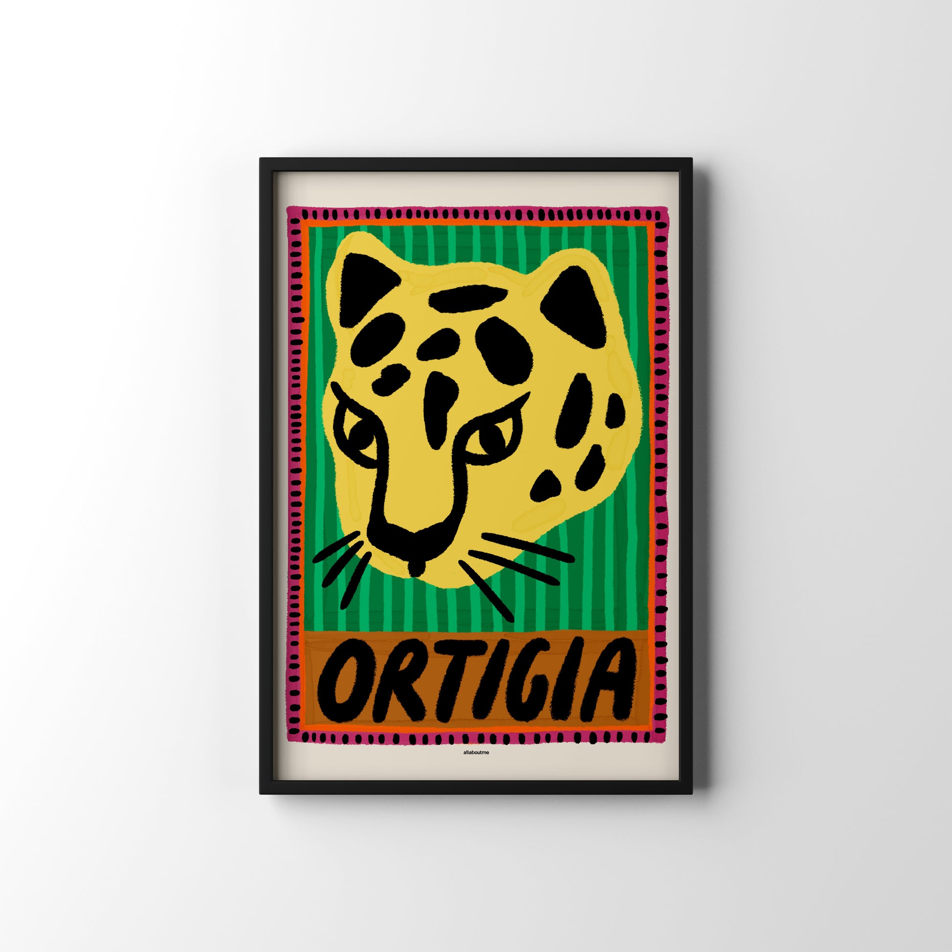 Framed poster with a leopard design on stripe and 'ORTIGIA' text on a white background