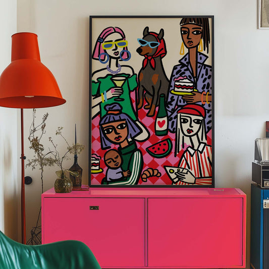  Colourful illustration of friends spending time together, celebrating connection and sisterhood.
