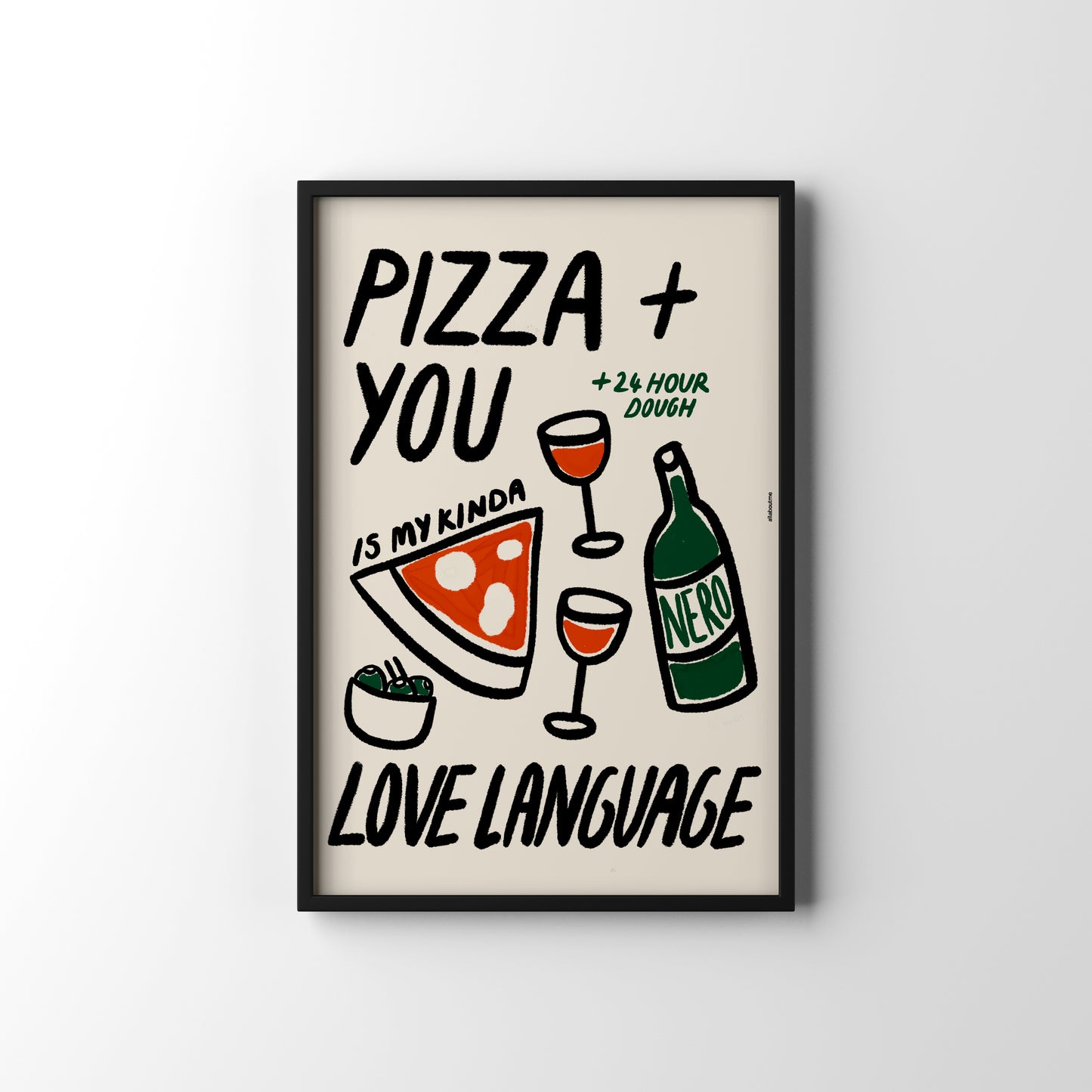 Framed poster with pizza, wine, and olive illustration and text on a cream background