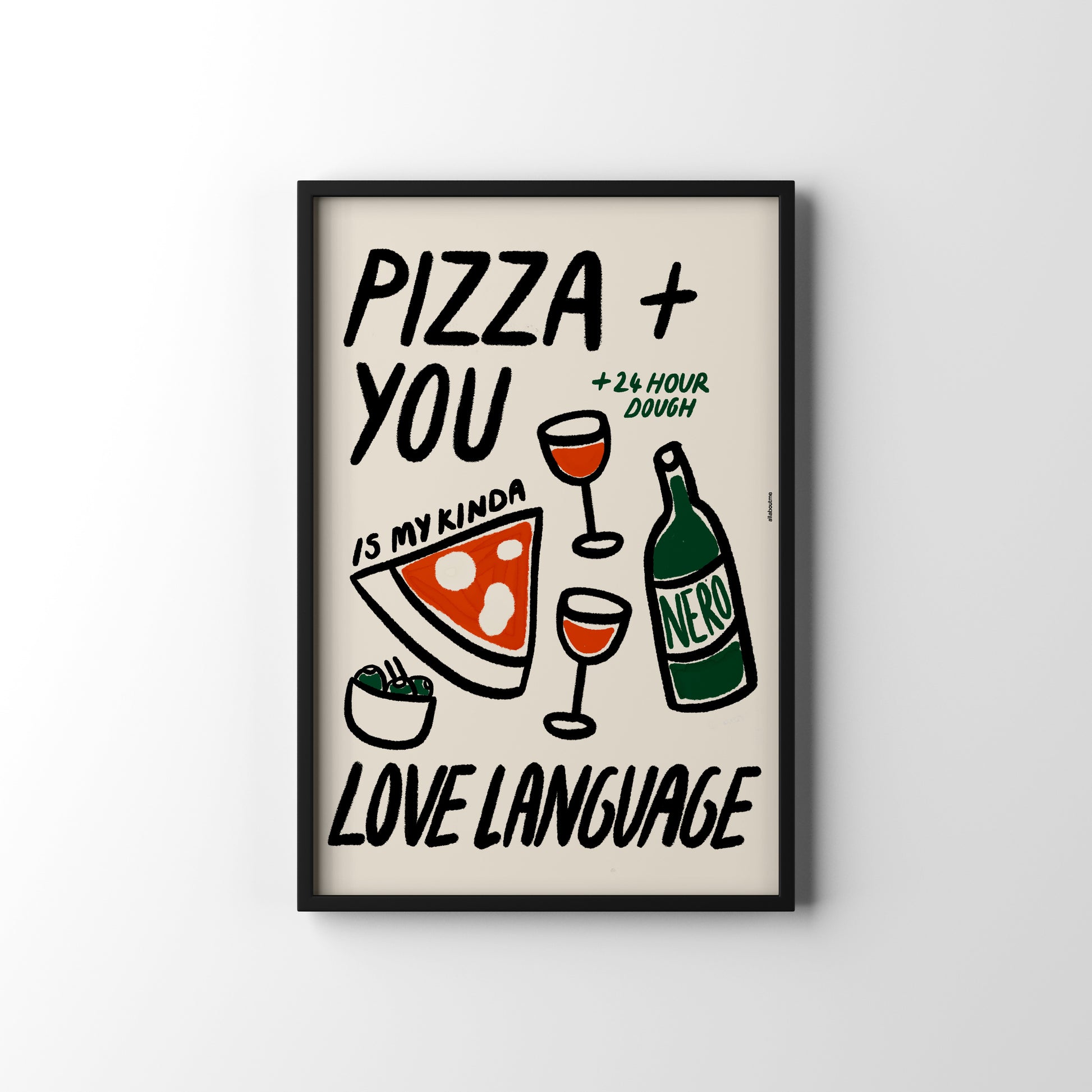 Framed poster with pizza, wine, and olive illustration and text on a cream background