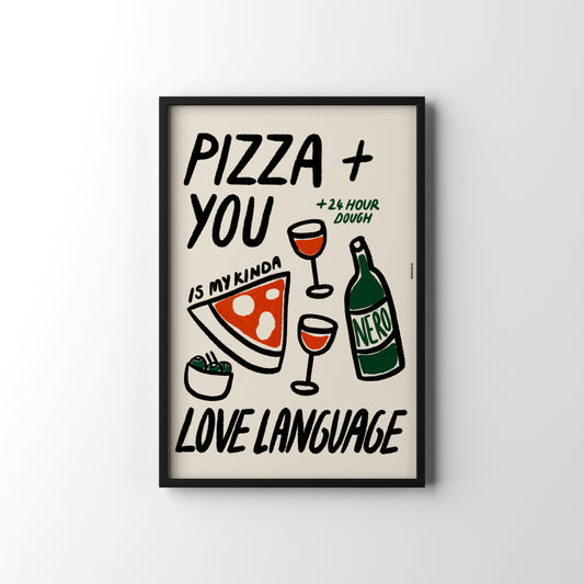 Framed poster with pizza, wine, and olive illustration and text on a cream background
