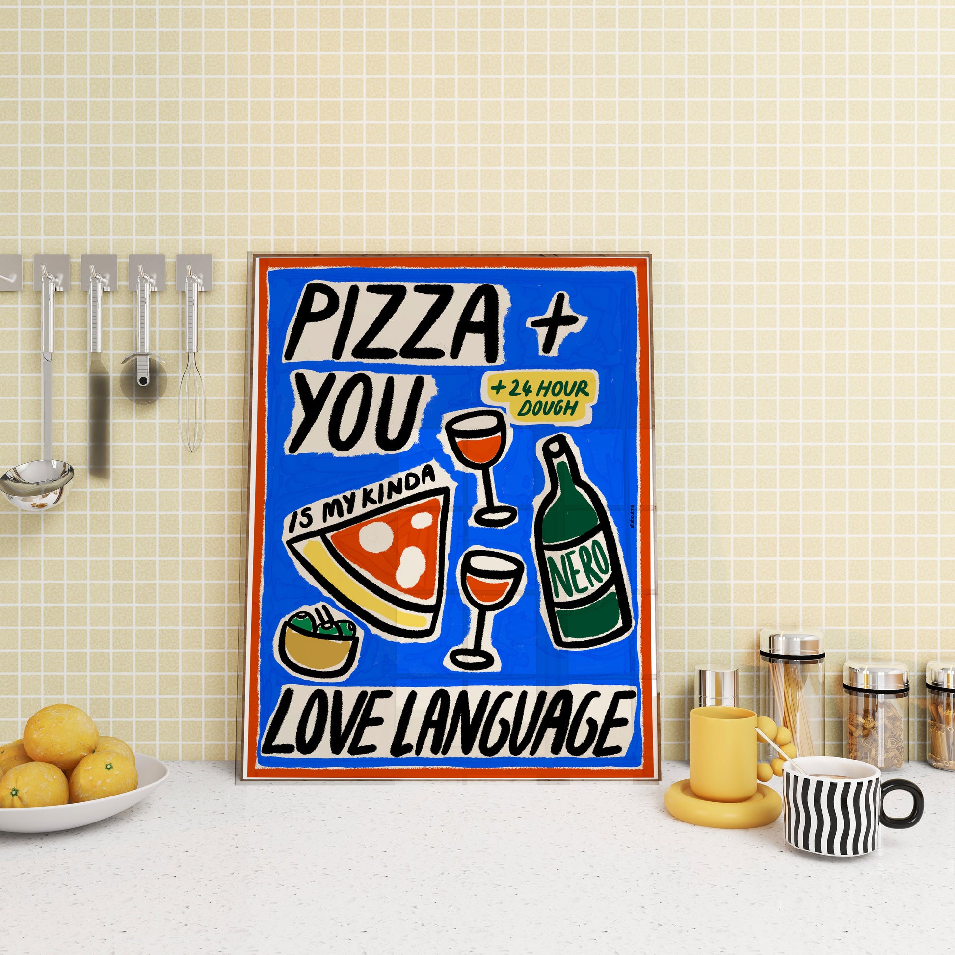Colorful poster with pizza and drink graphics on a kitchen wall.