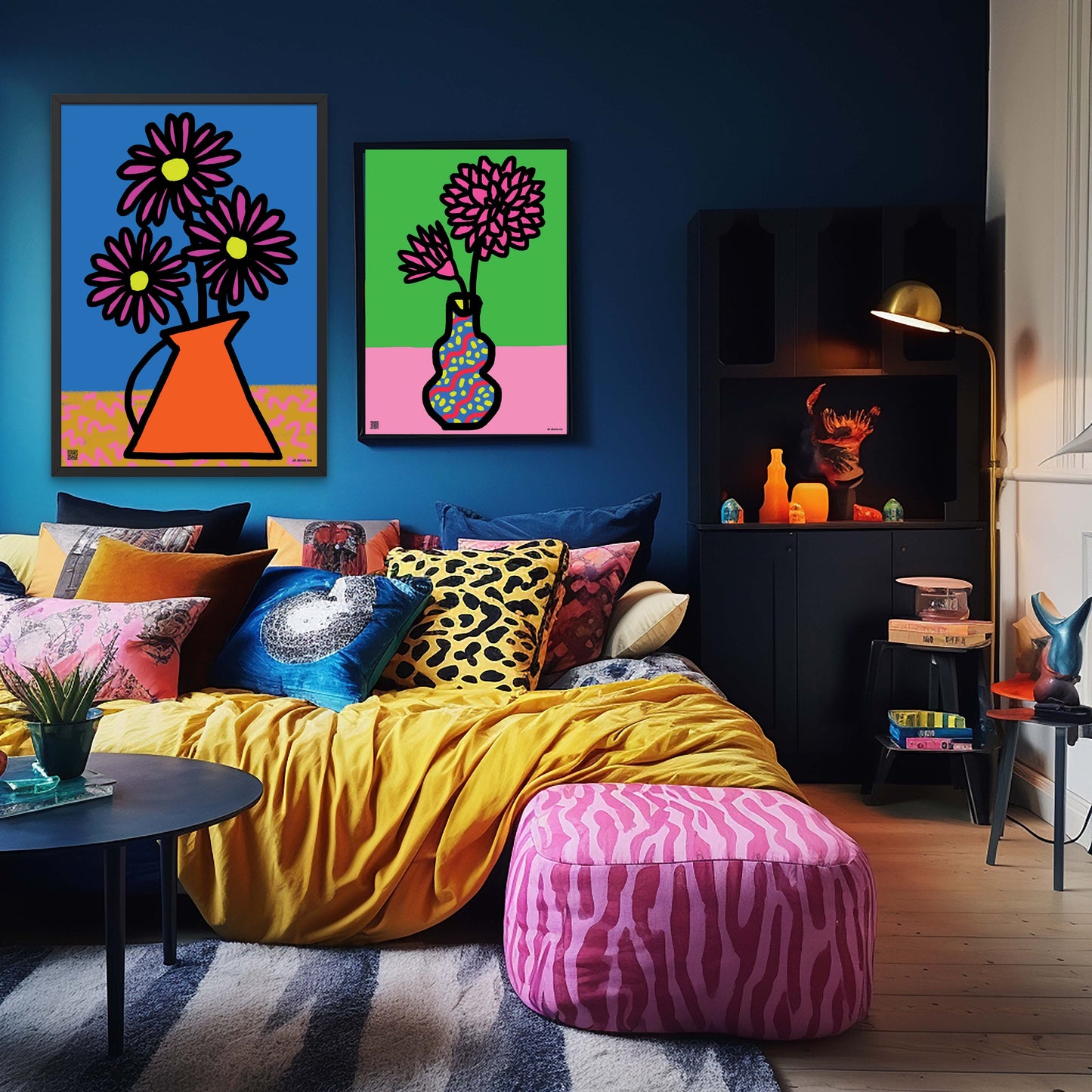 Colorful living room with a sofa, ottoman, and wall art.