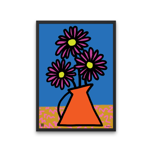 Framed artwork of a colorful vase with aster birth flowers on a blue background