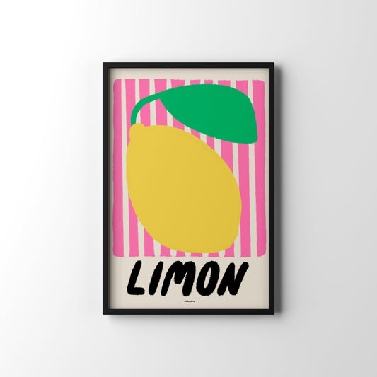Framed artwork with a lemon illustration and 'Limon' text on a striped background.
