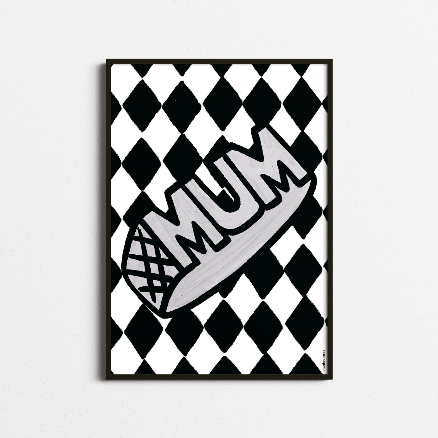 Decorative wall art with 'MUM' text on a black and white checkered background