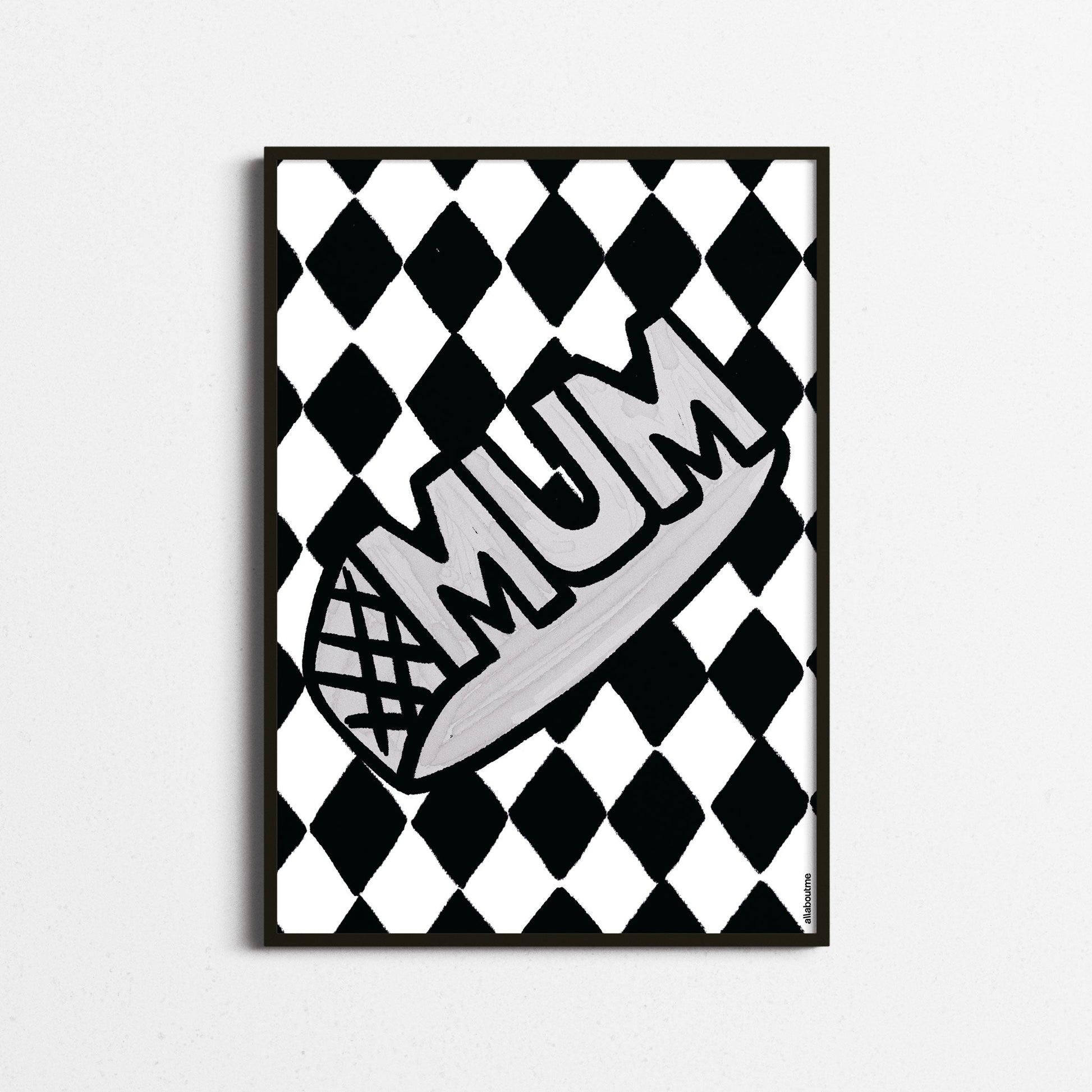 Decorative wall art with 'MUM' text on a black and white checkered background