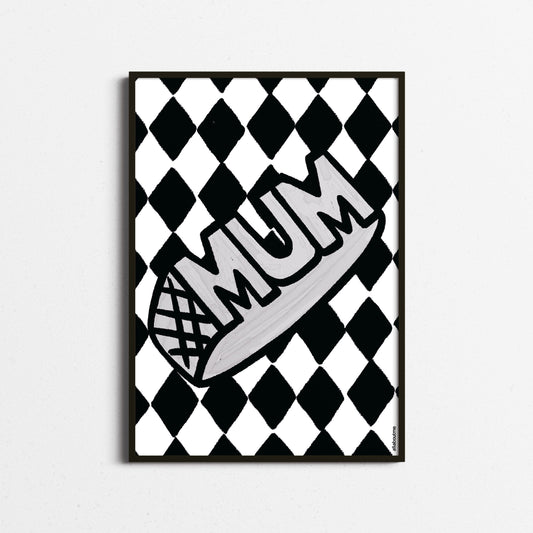 Decorative wall art with 'MUM' text on a black and white checkered background