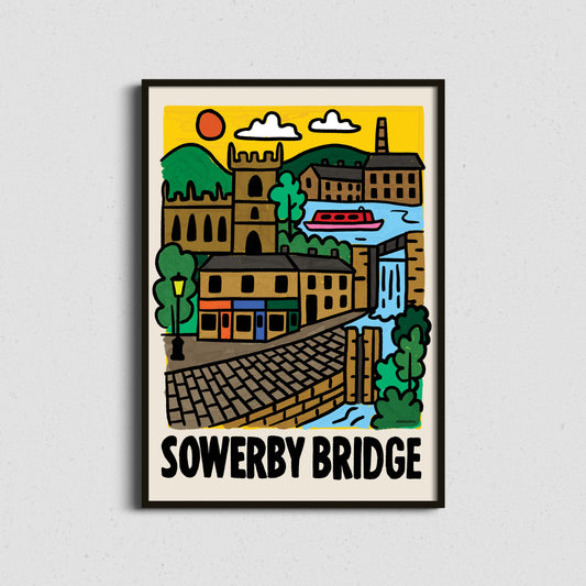 Colourful illustrated Sowerby Bridge art print featuring old market cobbles, St Peter’s Church, canal basin, Tuel Lane Lock, mills, terraced houses, and Pennine hills.